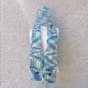 Handmade Handknit Multicolor Knit Beanie Hat and Scarf with Pockets set matching